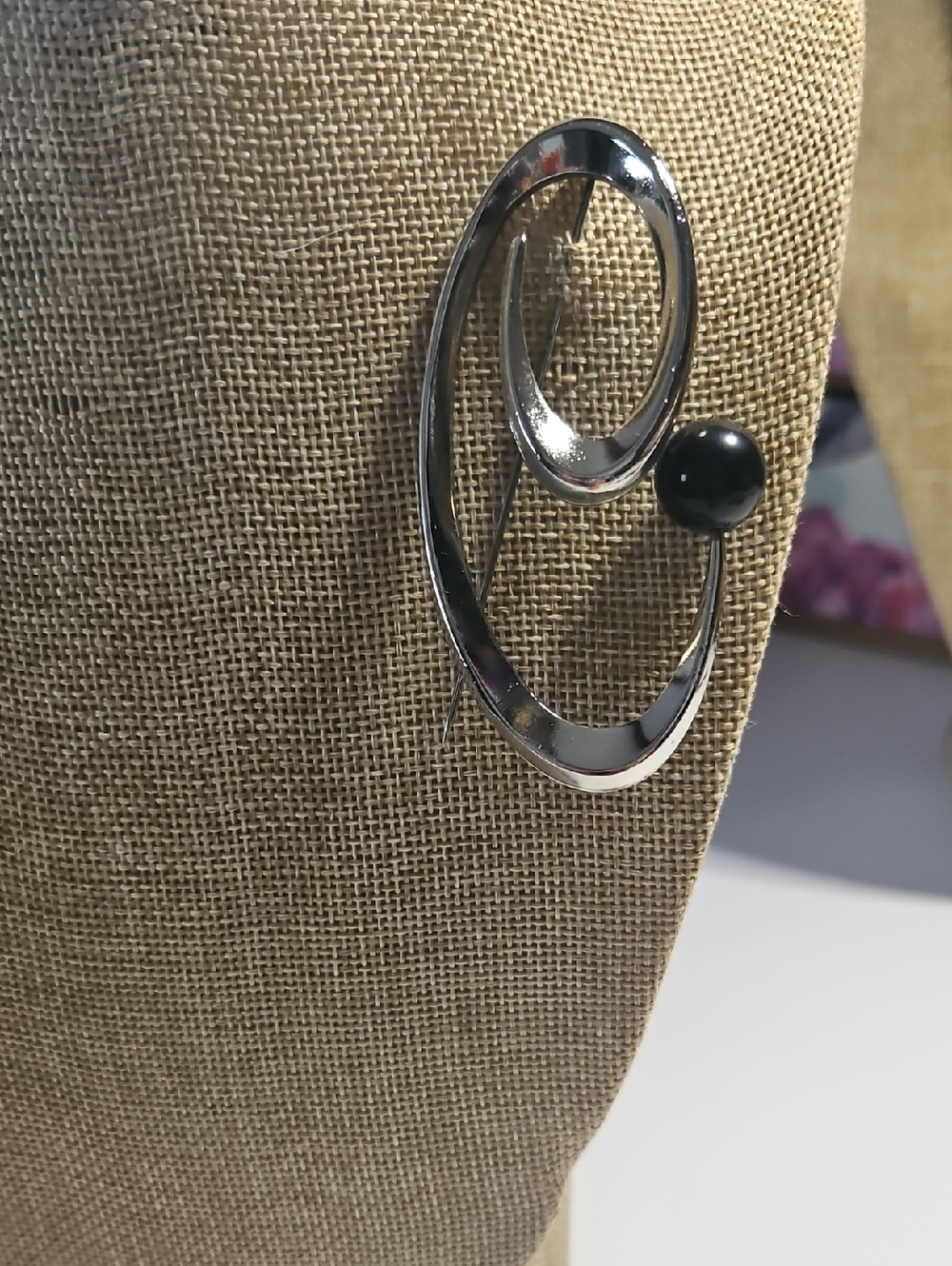Modern Silver Spiral Pin Brooch with Black Orb